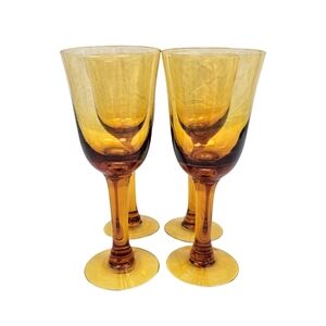 Vintage Set of 4 Hand Blown Amber Glass Wine Water Goblets MidCentury | 12 Ounce